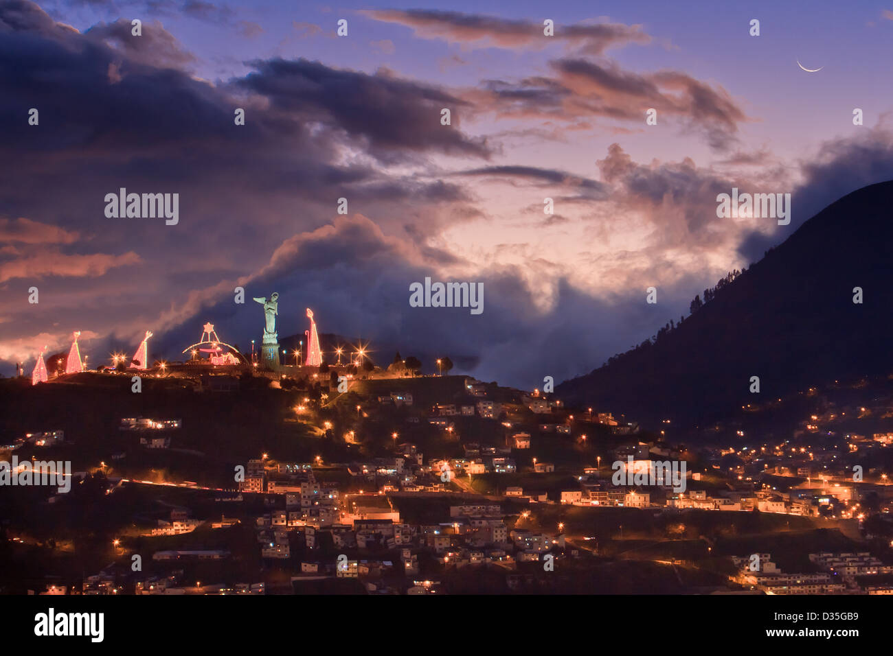 Quito at night, Ecuador. With the panecillo with the christmas lights Stock Photo