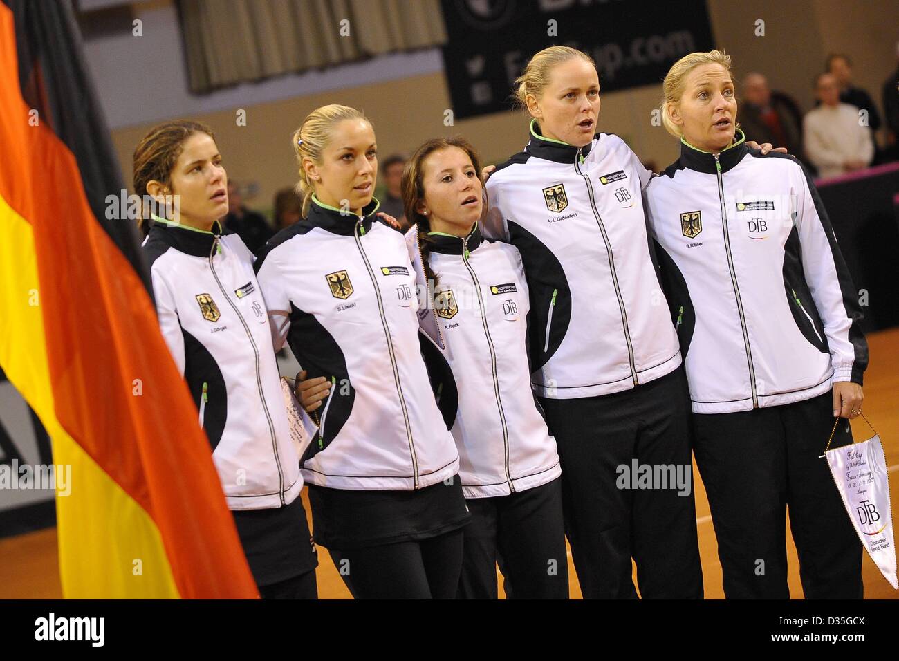 09.02.2013. Palais des Sports Beaublanc, Limoges, France.   Barbara Rittner Germany  Annika Beck All Juliet Goerges, Anna Lena Groenefeld and Sabine Lisicki Germany team line up. Tennis France versus Germany Fed Cup Tennis Cup. Stock Photo