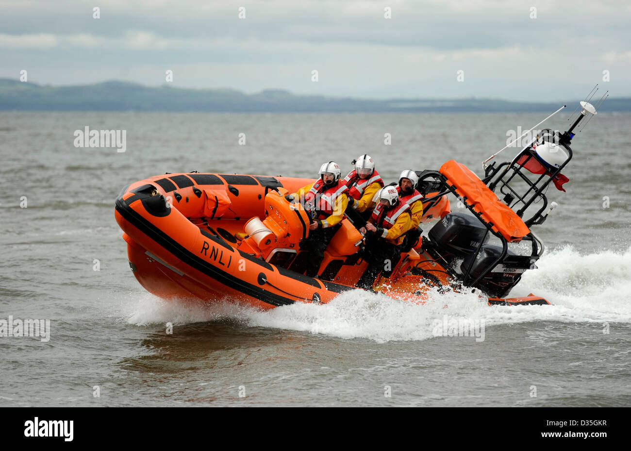 Royal National Lifeboat Institution RNLI Atlantic 85 craft Elaine and Don Wilkinson at speed in Solway Firth at Silloth Stock Photo