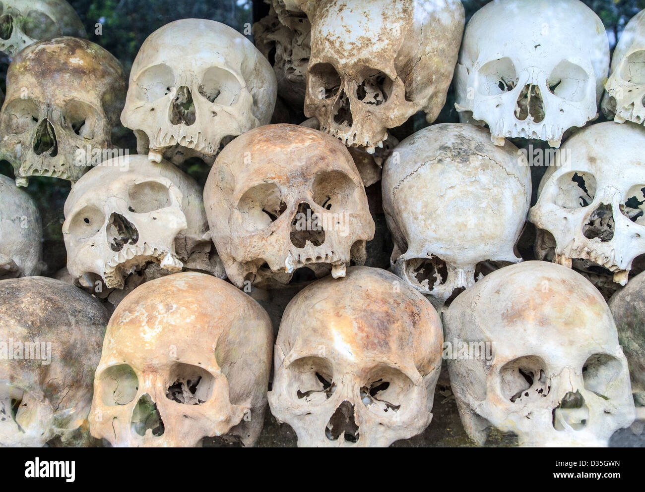 Skulls from Choeung Ek Killing Field, nine miles southwest of Phnom Penh, where thousands of Cambodian people were killed Stock Photo