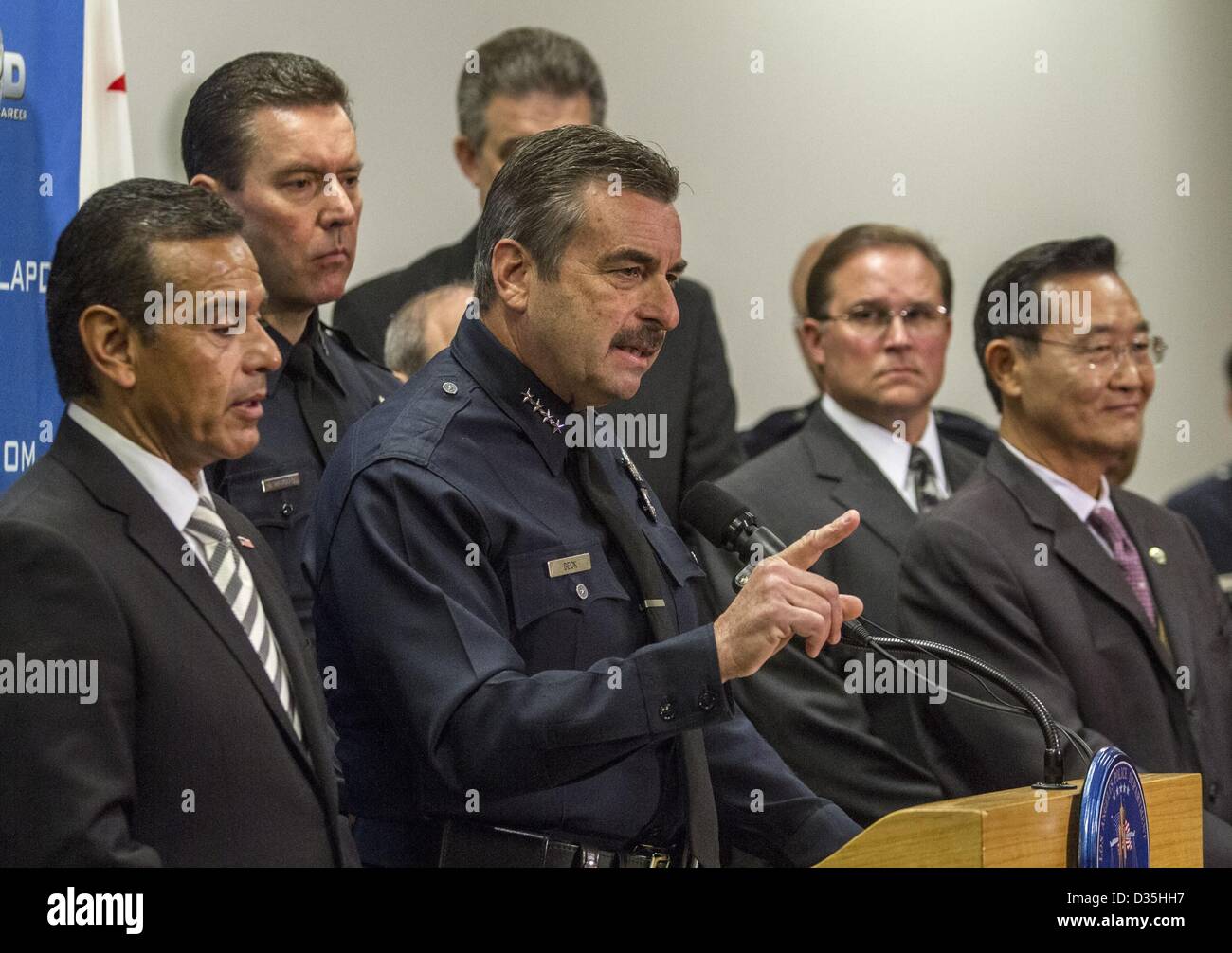 Feb. 10, 2013 - Los Angeles, California (CA, United States - Los Angeles Mayor, Antonio Villaraigosa, left, Los Angeles Police Chief Charlie Beck (center) and  Irvine, Calif., Mayor Steven Choi  join a press conference to announce the $1,000,000 reward for accused killer and fired Los Angeles police officer, Christopher Dorner, at the Los Angeles police department, Sunday, Feburary. 10, 2013 in Los Angeles, California. (Credit Image: © Ringo Chiu/ZUMAPRESS.com) Stock Photo