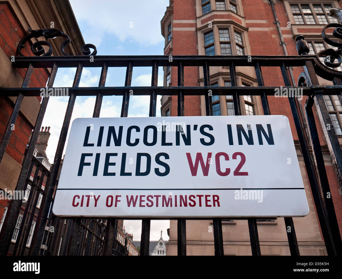 Road sign for Lincoln's Inn Fields the largest public square in City of Westminster London, UK. Stock Photo