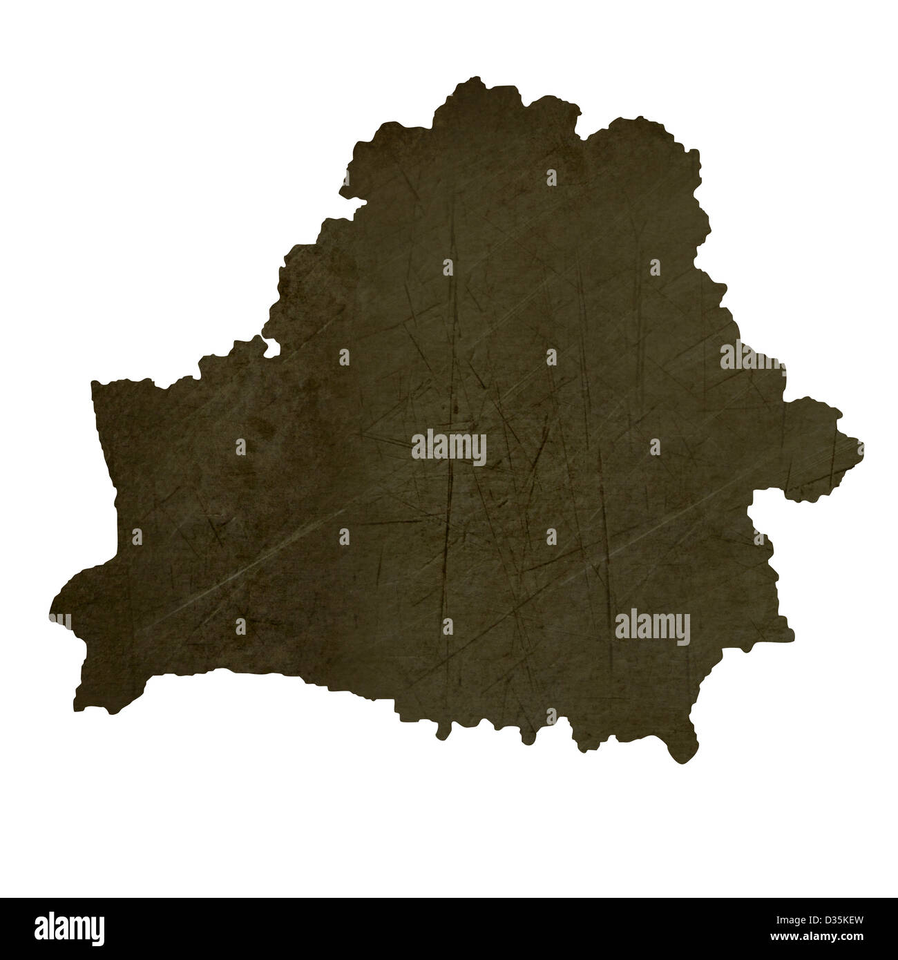 Dark silhouetted and textured map of Belarus isolated on white background. Stock Photo