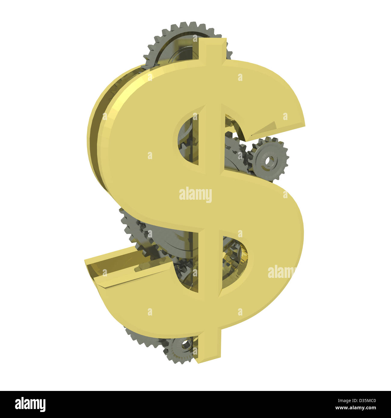 3d render illustration of golden dollar symbol with gears working ...
