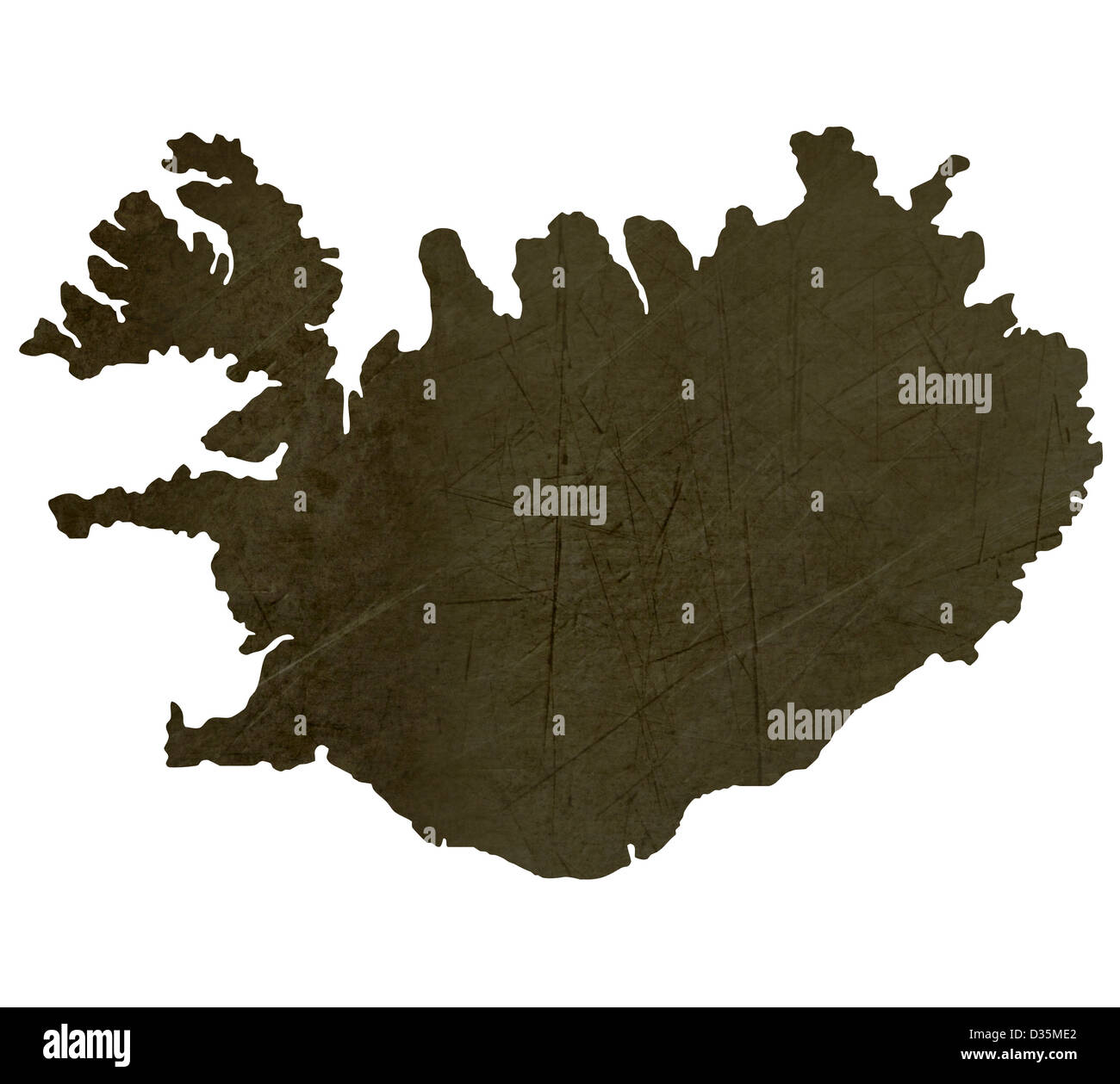 Dark silhouetted and textured map of Iceland isolated on white background. Stock Photo