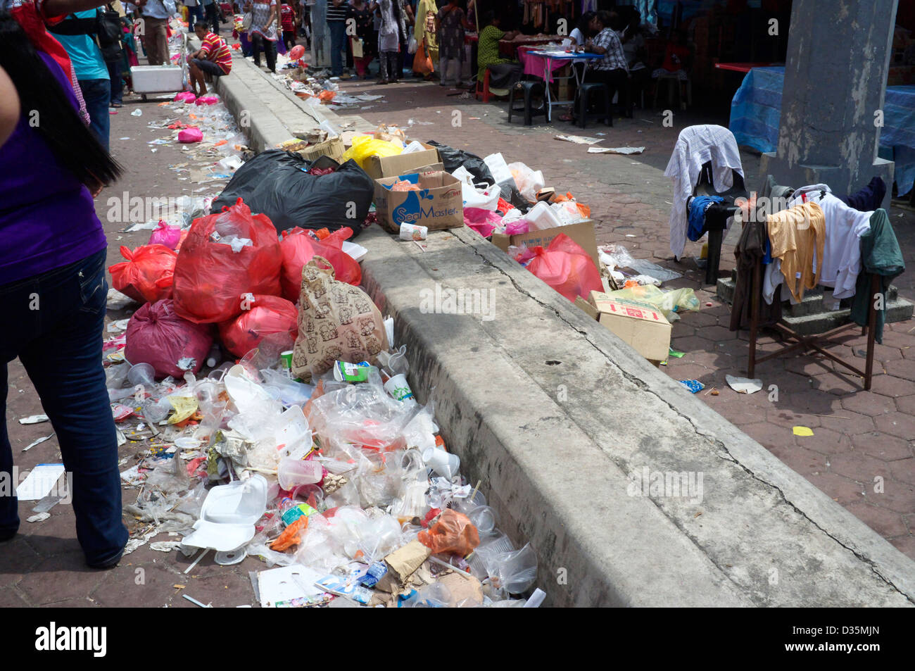 Trash piled up at Batu Caves during Thaipusam Festival, Kuala Lumpur, Malaysia Stock Photo