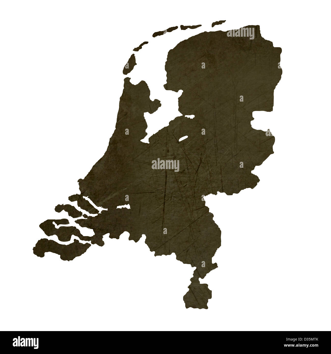 Dark silhouetted and textured map of Netherlands isolated on white background. Stock Photo