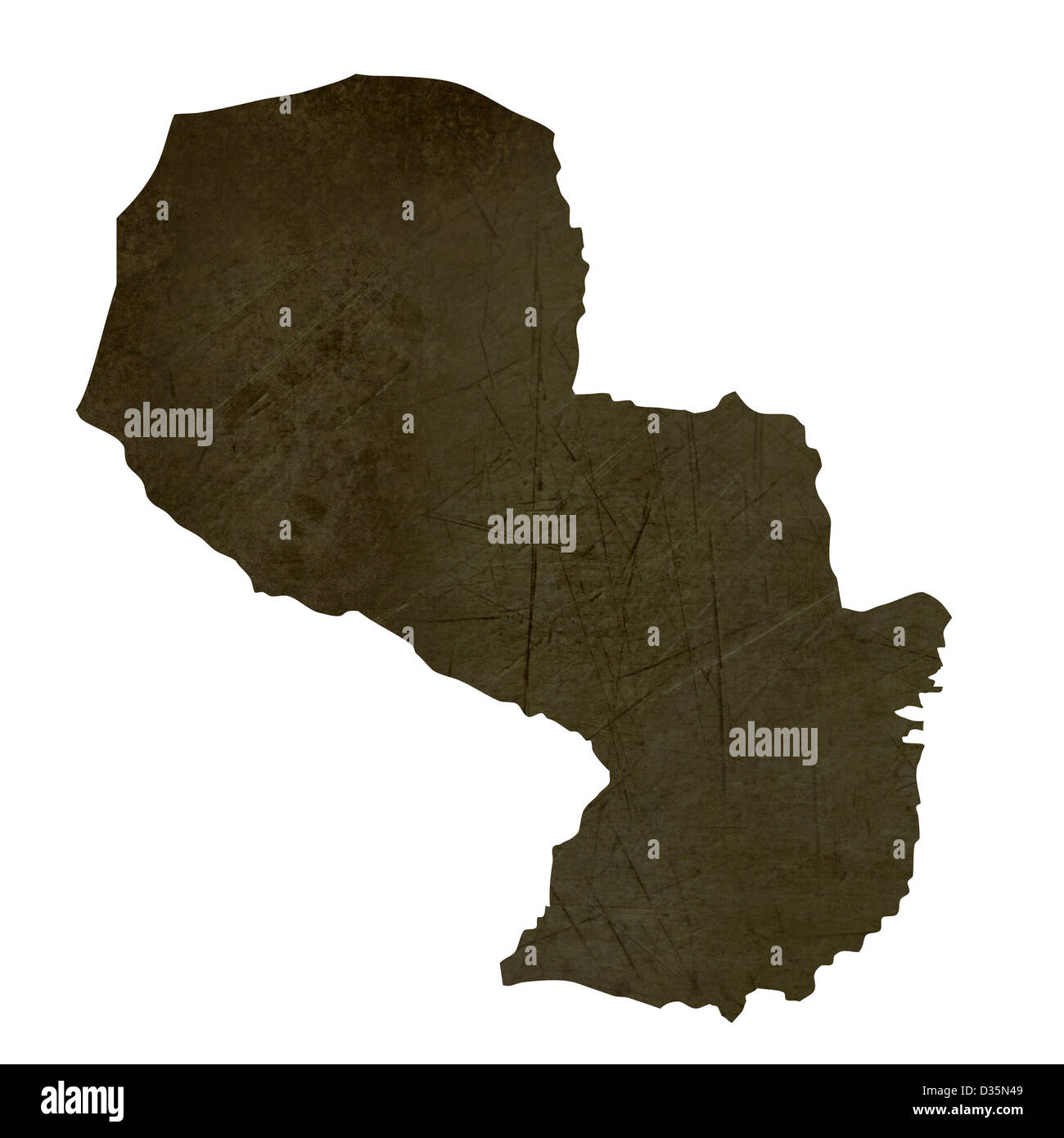 Dark silhouetted and textured map of Paraguay isolated on white background. Stock Photo
