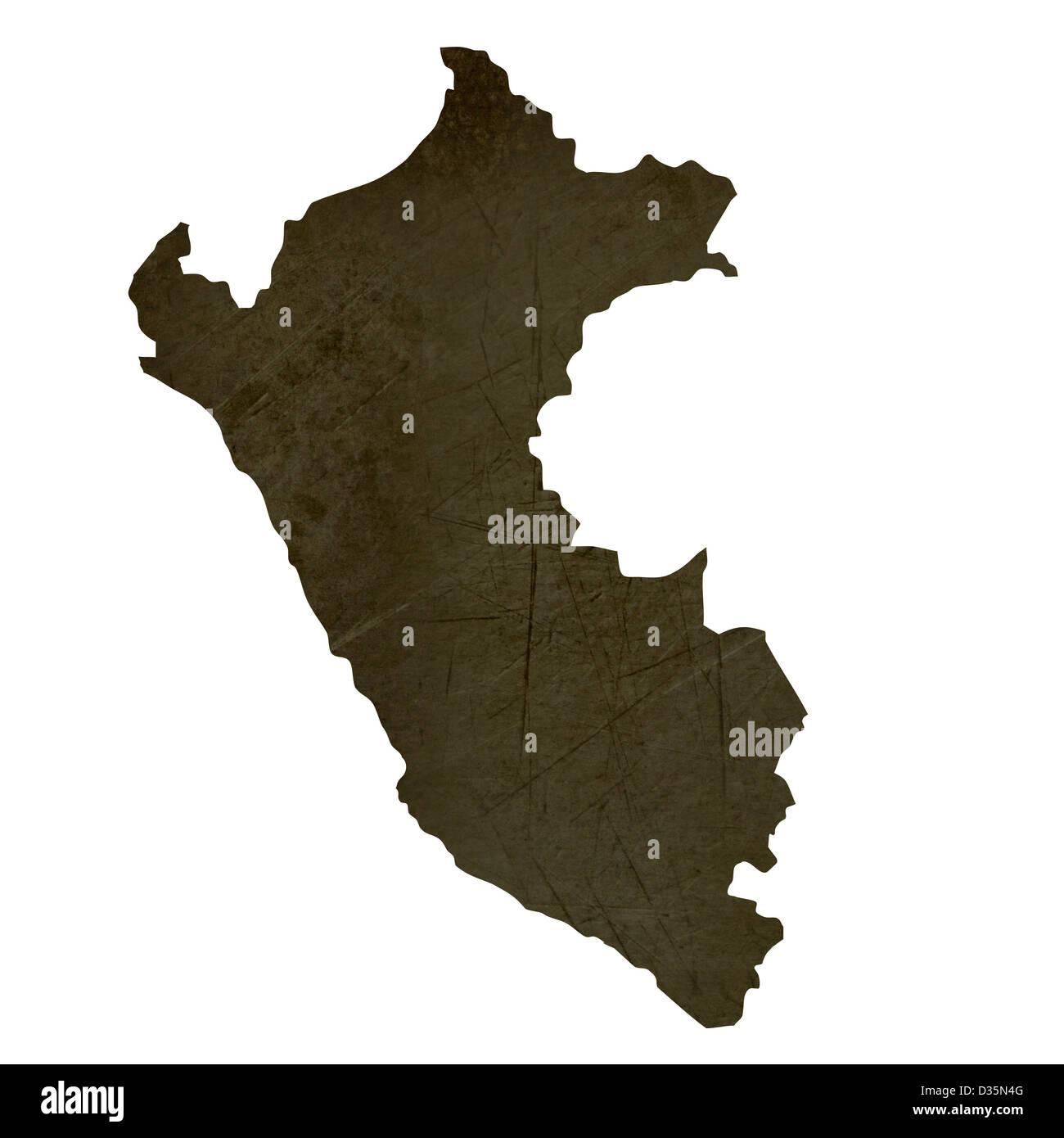 Dark silhouetted and textured map of Peru isolated on white background. Stock Photo