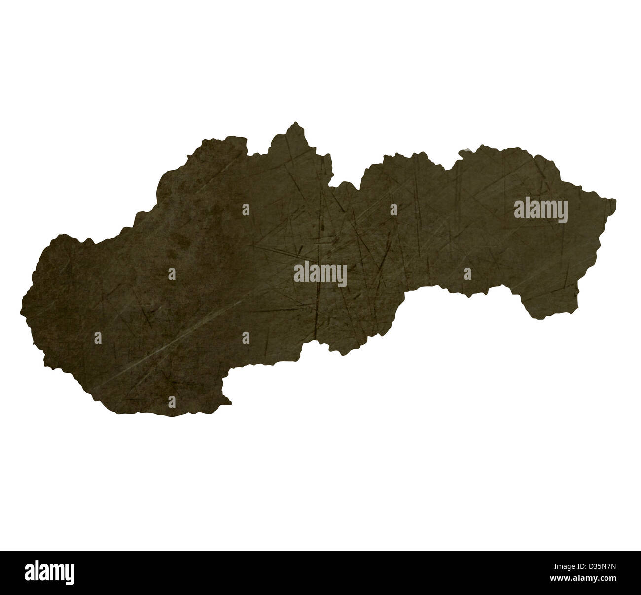 Dark silhouetted and textured map of Slovakia isolated on white background. Stock Photo