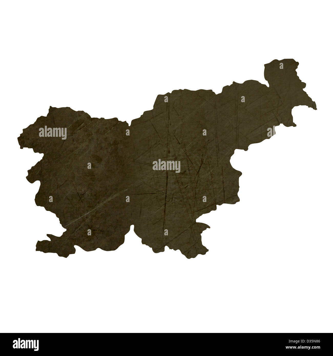 Dark silhouetted and textured map of Slovenia isolated on white background. Stock Photo