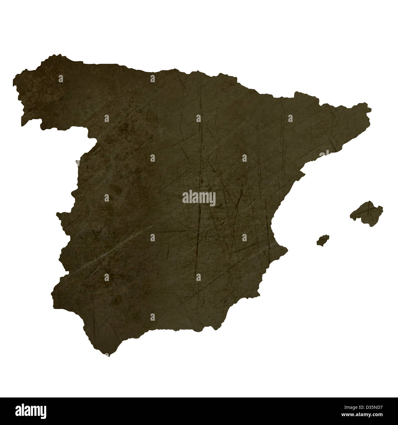 Dark silhouetted and textured map of Spain isolated on white background. Stock Photo