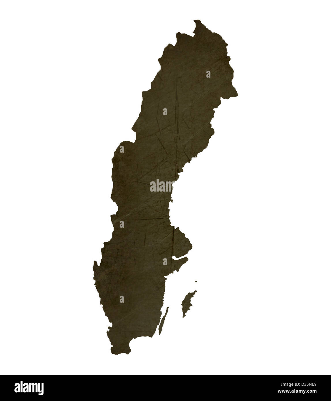Dark silhouetted and textured map of Sweden isolated on white background. Stock Photo