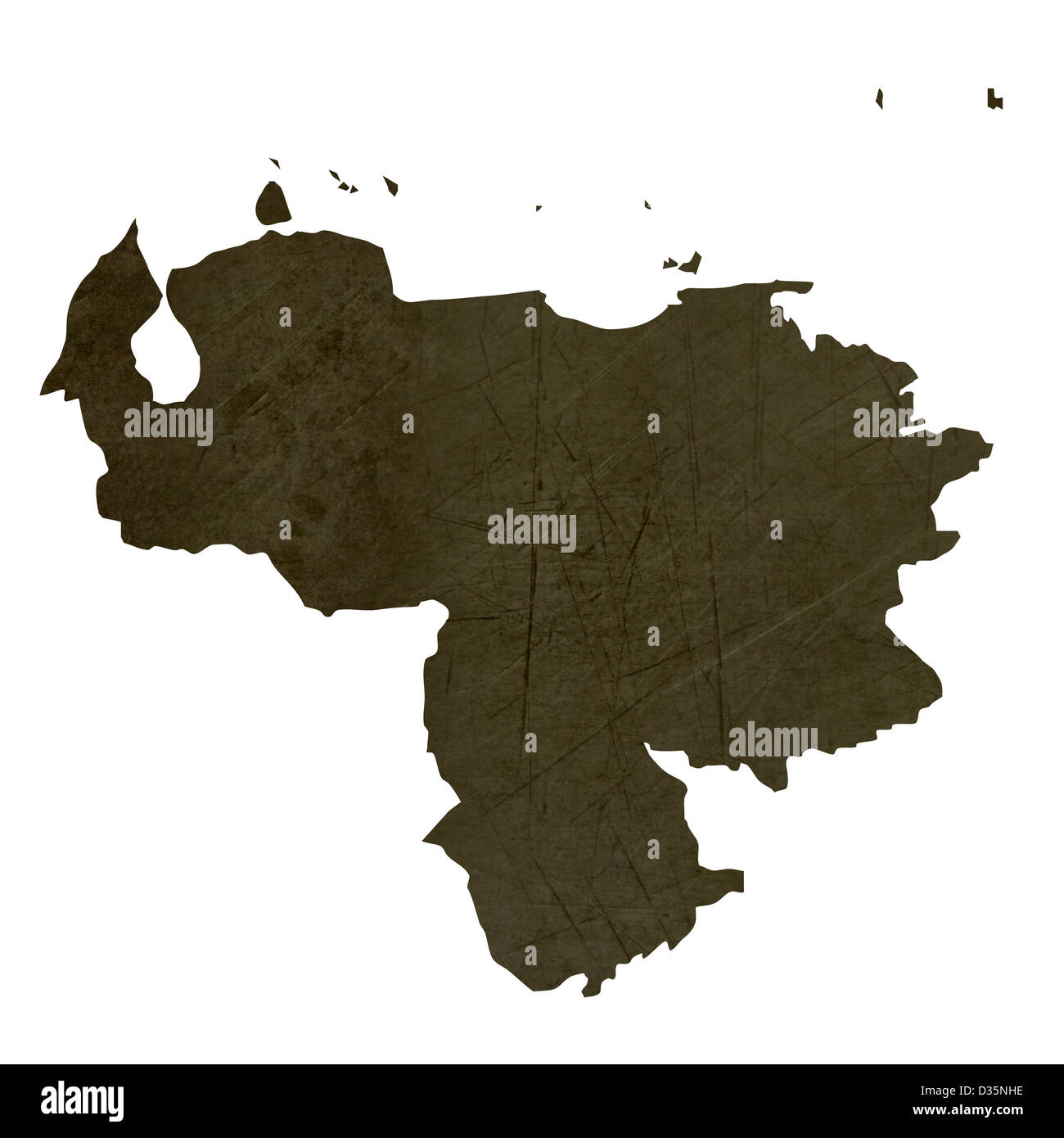 Dark silhouetted and textured map of Venezuela isolated on white background. Stock Photo