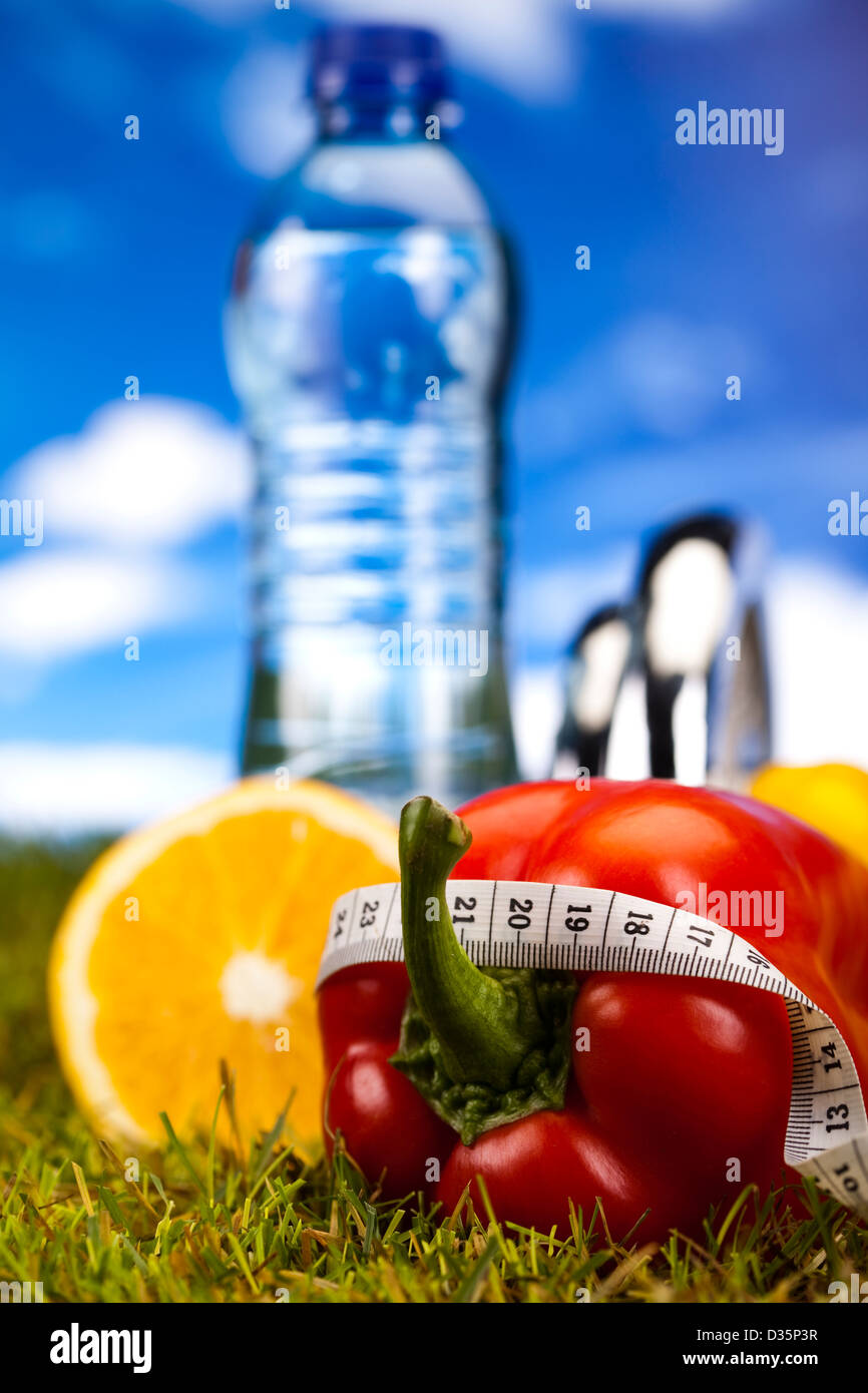 View of Fitness diet,vegetables and fruits on green grass Stock Photo - Alamy