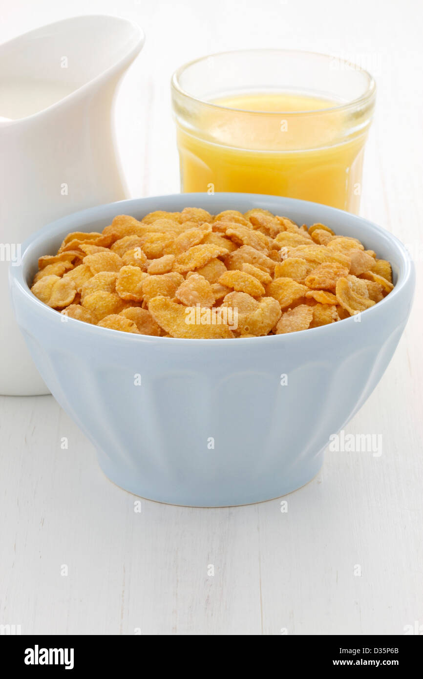 delicious and healthy corn flakes, served in a beautiful French Cafe au Lait Bowl Stock Photo