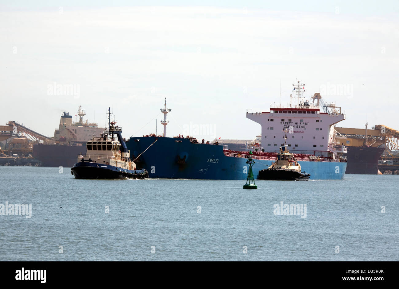 Panamax Bulk Carrier MV Amalfi departing Newcastle Australia fully loaded with coal from the Hunter Valley coal fields. Stock Photo