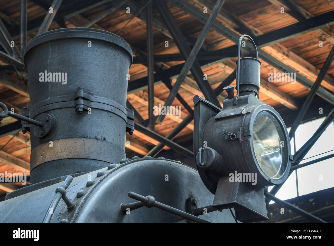 Details of old steam locomotive / engine in railway museum Stock Photo