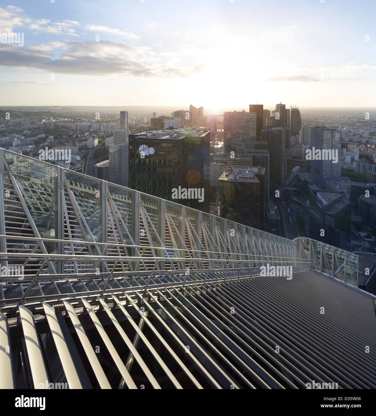 Tour FIRST  Paris, Paris, France. Architect: Kohn Pedersen Fox Associates (KPF), 2011. Detailed view of roof louvers and mainten Stock Photo