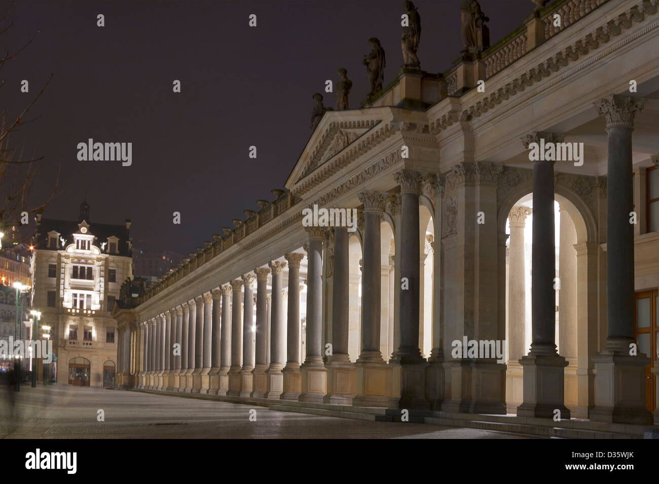 Night Karlovy Vary cityscape with Mill Colonnade, Czech Republic. Stock Photo