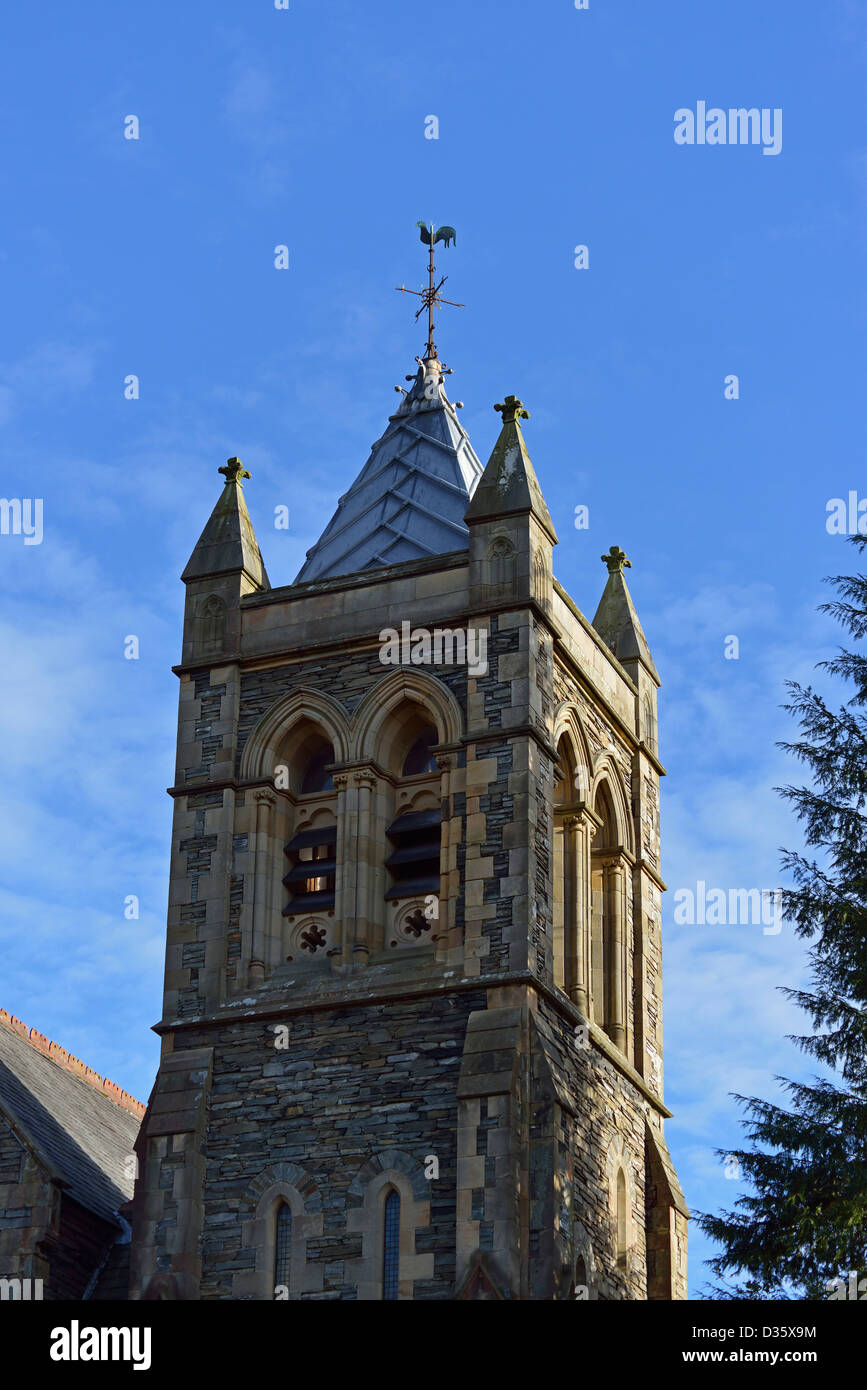 Detail of tower. Carver Memorial Church, Bowness-on-Windermere, Lake District National Park, Cumbria, England, United Kingdom. Stock Photo