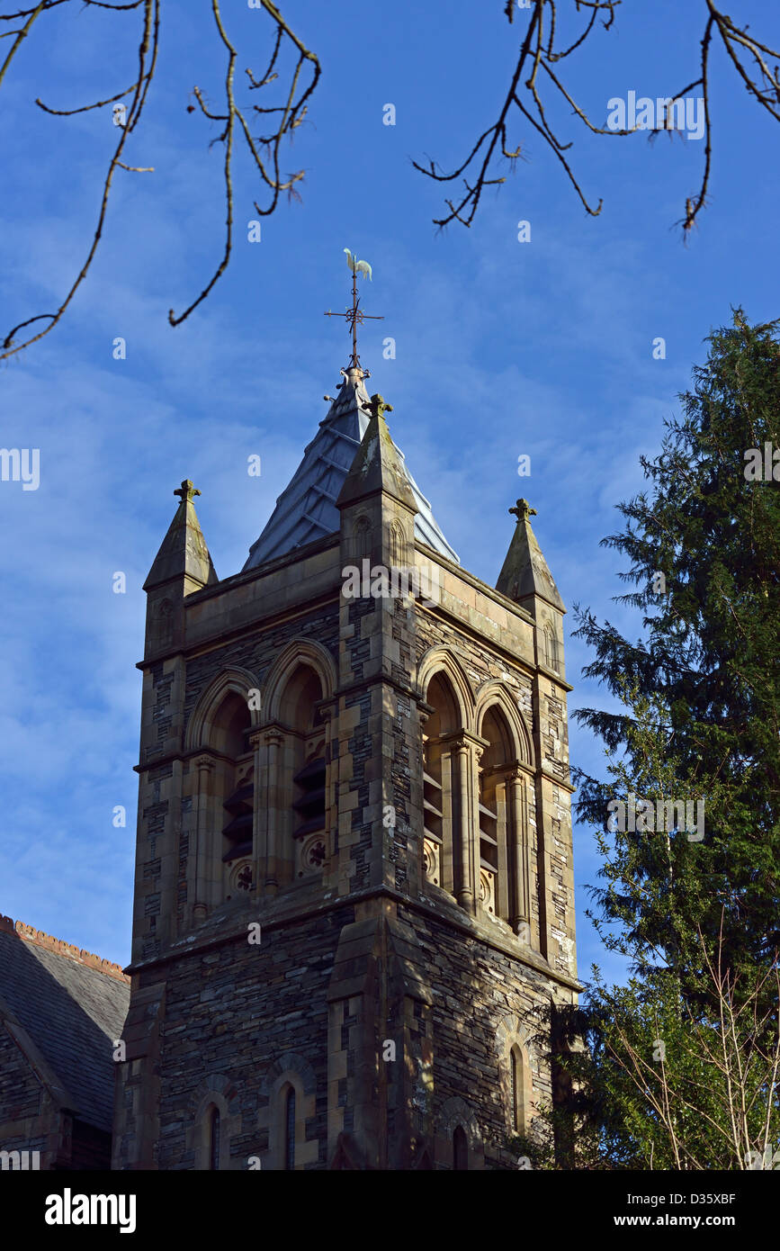 Detail of tower. Carver Memorial Church, Bowness-on-Windermere, Lake District National Park, Cumbria, England, United Kingdom. Stock Photo