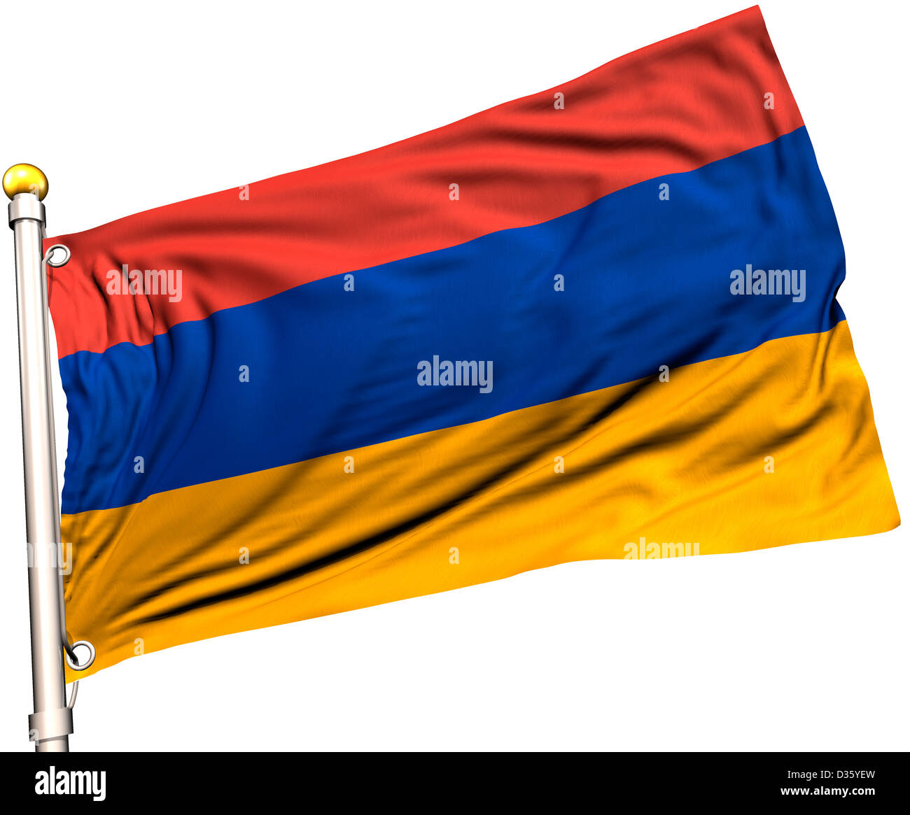 Armenia flag on a flag pole. Clipping path included. Silk texture visible on the flag at 100%. Stock Photo