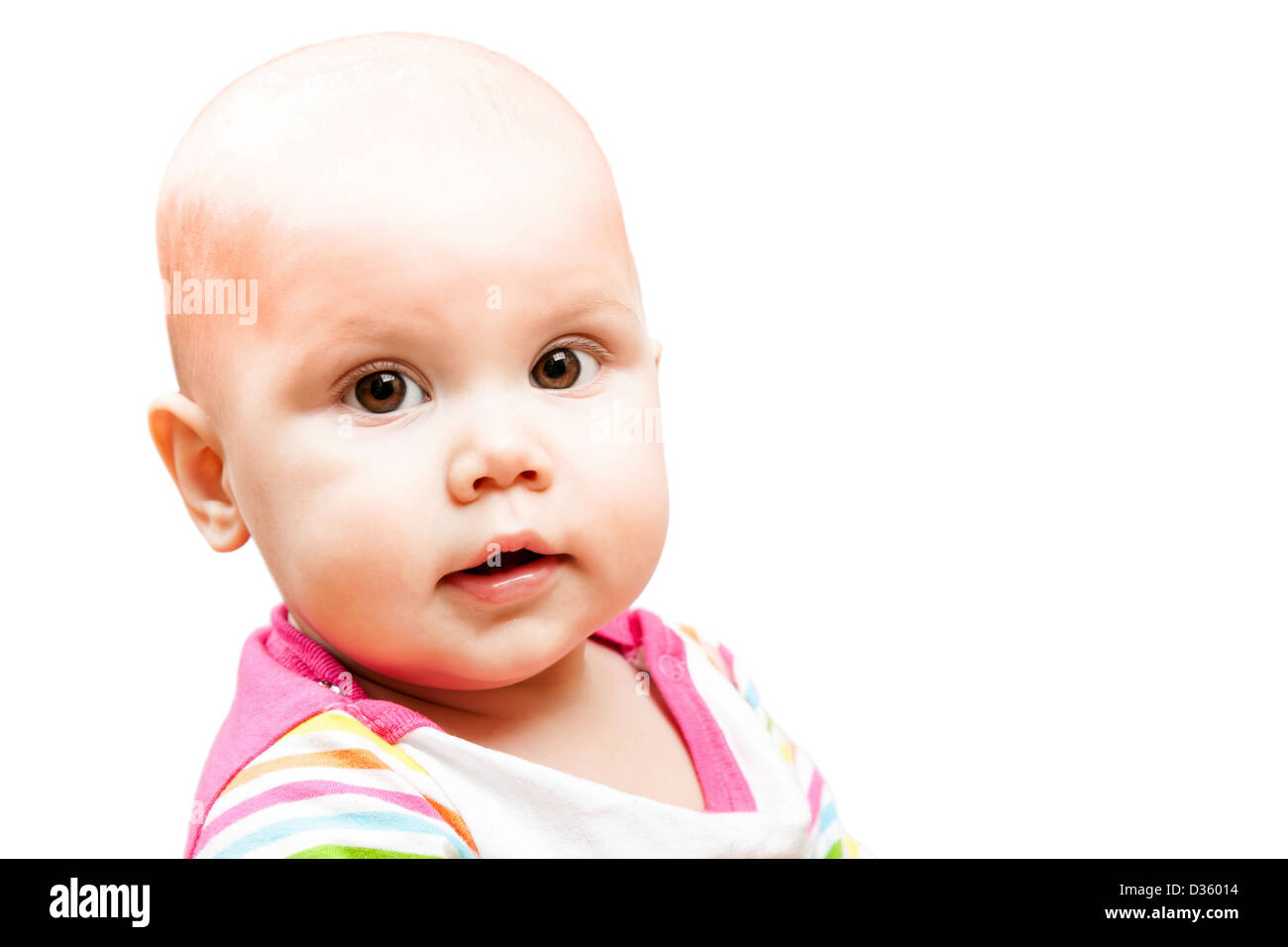 Little brown eyed baby portrait isolated on white background Stock