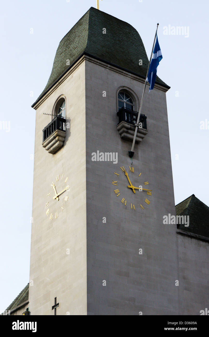 The clock tower of St Columba's Presbyterian Church of Scotland in Pont Street, London. Stock Photo