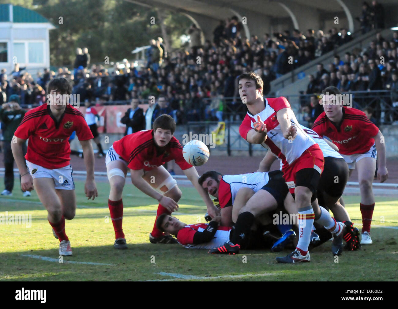 Barcelona, Spain. 10th February 2013. Munster Rugby Academy (Barcelona, Feb.10th, 2013) Half scrum Hector Velazco (who plays with USAP of Perpignan) clears the ball from a ruck. Credit: Monica Condeminas / Alamy Live News Stock Photo