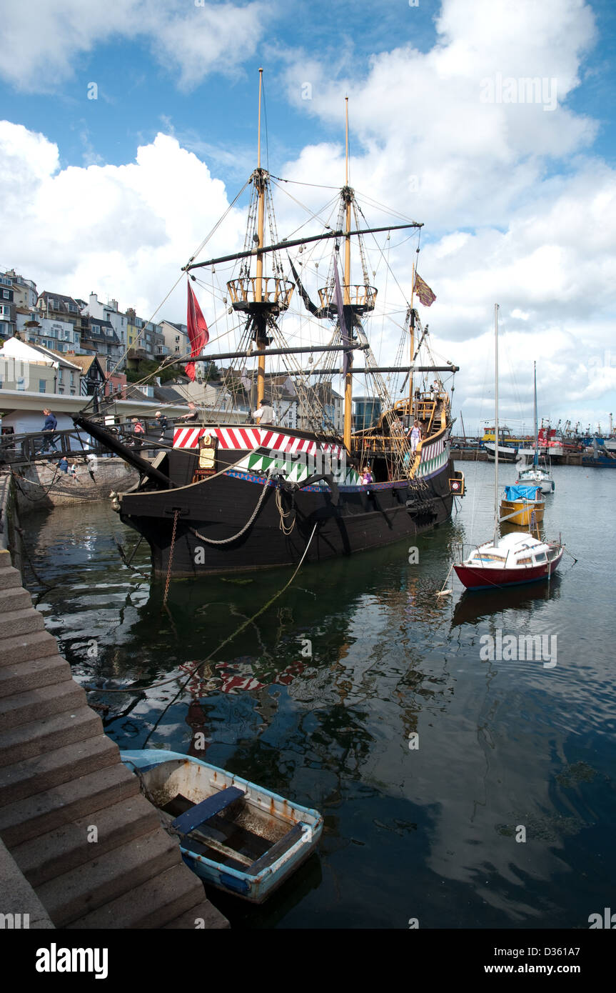 Full-size replica of the Golden Hind, Sir Francis Drake's most famous ship, in dock at Brixham harbour, Devon, UK Stock Photo