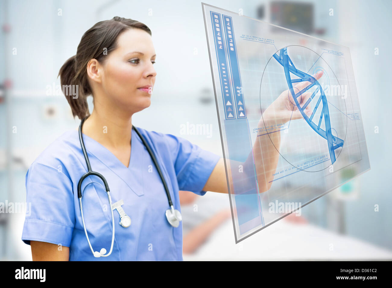 Nurse touching screen displaying blue DNA helix Stock Photo