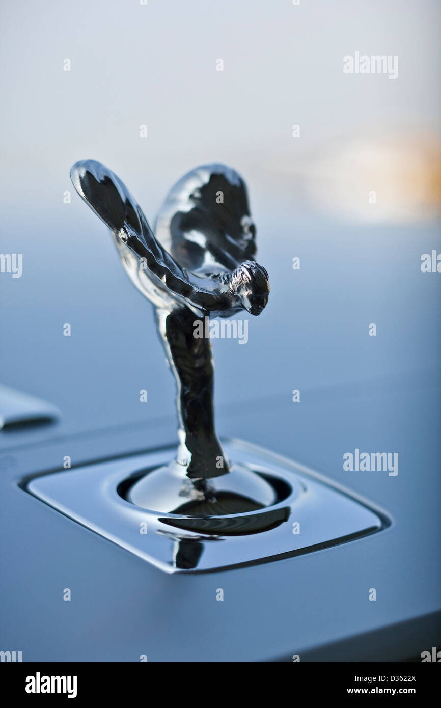 Spirit of Ecstasy, hood ornament on the Rolls Royce Ghost luxury saloon car, Goodwood, UK, 15 04 2010 Stock Photo