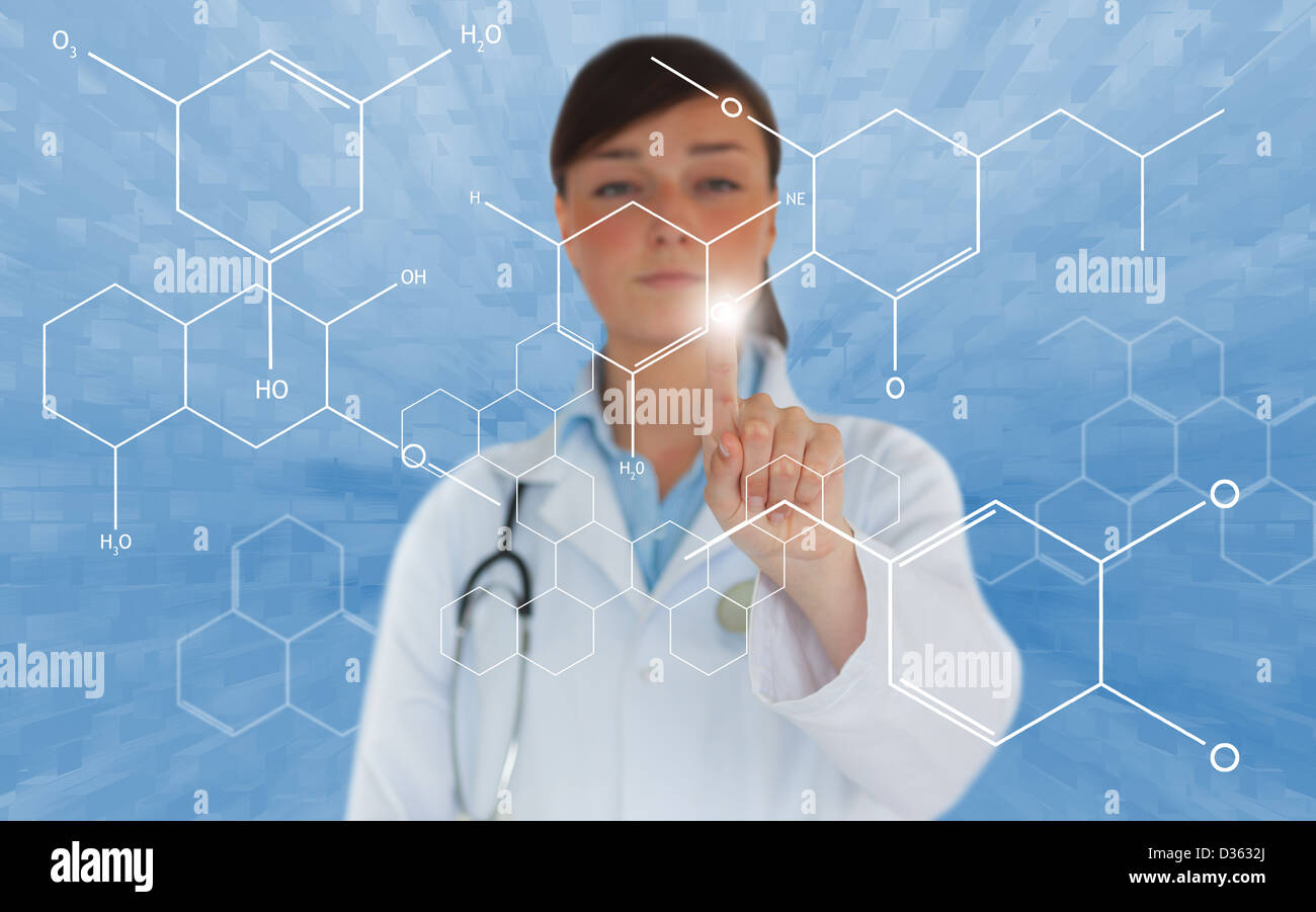Brunette doctor touching screen displaying chemical formula Stock Photo