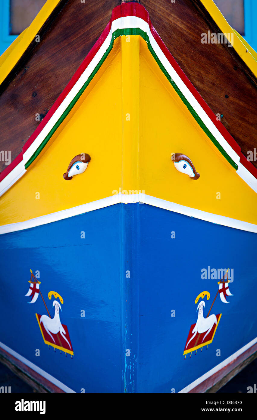 A head on image of one of the beautifully painted fishing boats at Marsaloxx harbour, Malta