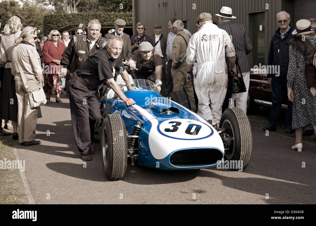 Richmond & Gordon Trophies entrant, 1960 Scarab-Offenhauser, moves through the paddock at the 2012 Goodwood Revival, Sussex, UK Stock Photo