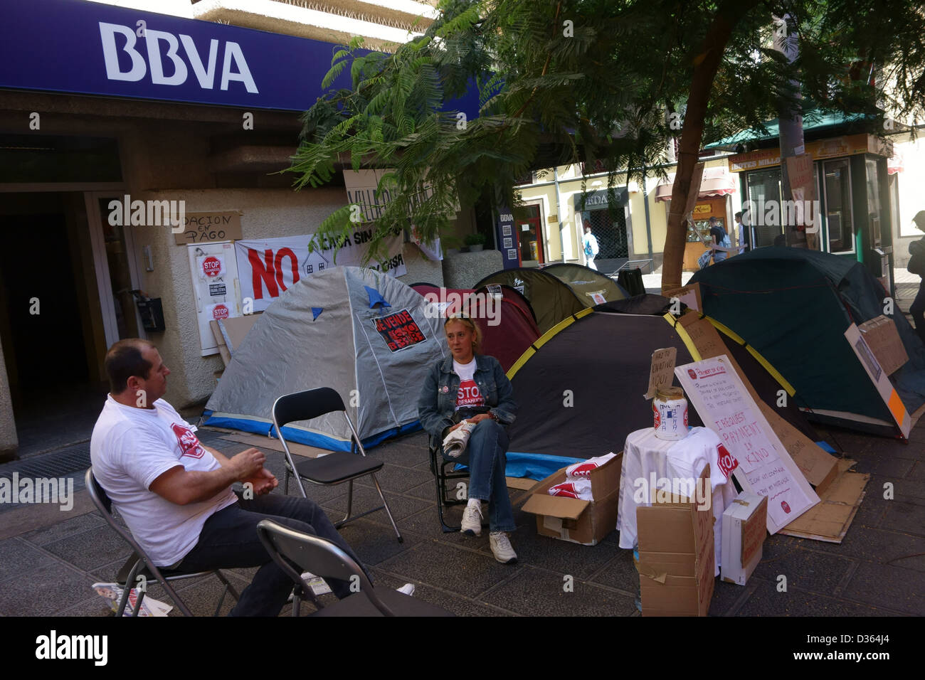 Protest against bank evictions in Spain - Santa Cruz de Tenerife, Canary Islands. 'Occupy' style protest camp outside bank. Stock Photo