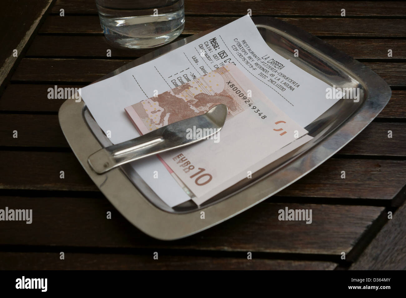 Restaurant bill and 10 Euros note, Santa Cruz de Tenerife, Canary Islands, Spain Stock Photo