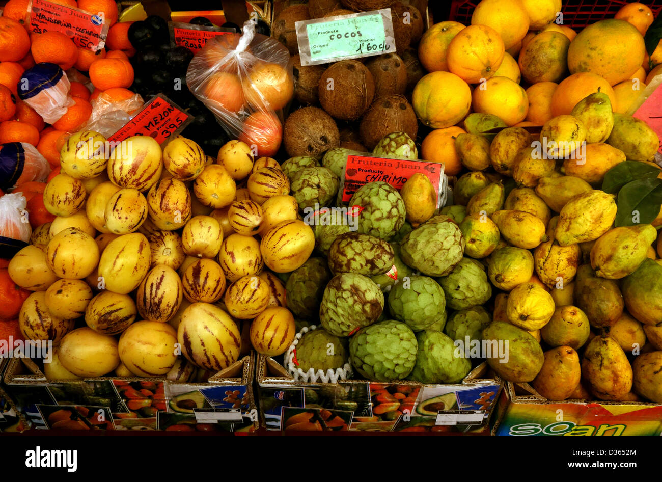 Locally grown tropical fruit on sale in Santa Cruz, Tenerife, Canary