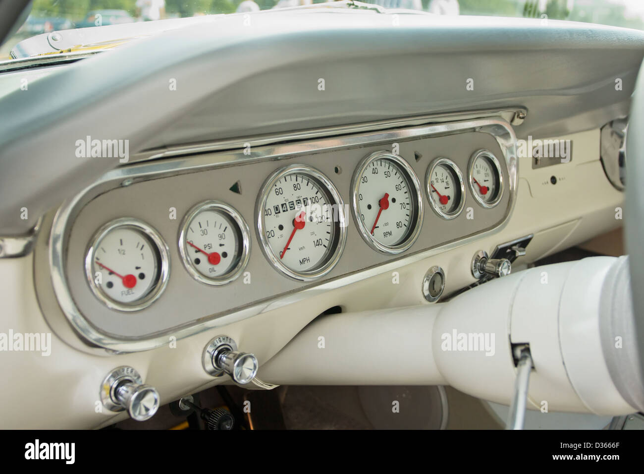 Silver and white dashboard of a classic car Stock Photo Alamy