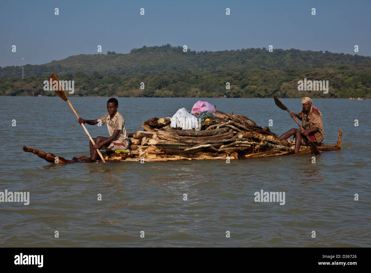 Local men transport wood across Lake Tana by Tankwa (Papyrus Boat), from the Zege Peninsular to Bahir Dar, Lake Tana, Ethiopia Stock Photo