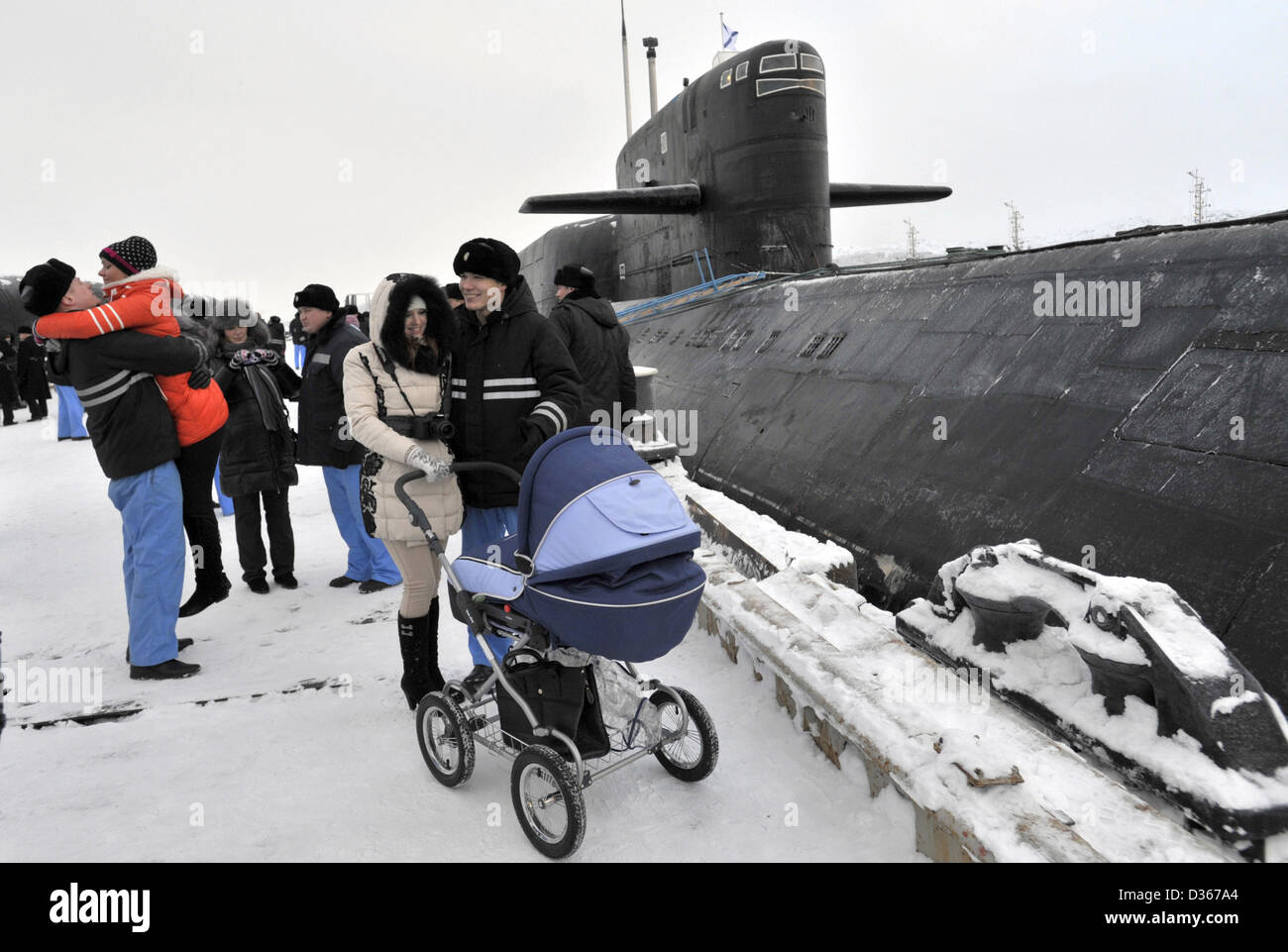 Feb. 6, 2013 - Russia - February 06,2013. Gadzhiyevo,Murmansk oblast of Russia.Pictured: the K-51 Verkhoturie nuclear submarine (Delta IV - as for NATO classification)based in in Gadzhiyevo base(Yagelnaya Bay, Sayda Inlet)of Northern Fleet of Russia...Crew members meeting relatives after just getting back to the base. (Credit Image: © PhotoXpress/ZUMAPRESS.com) Stock Photo