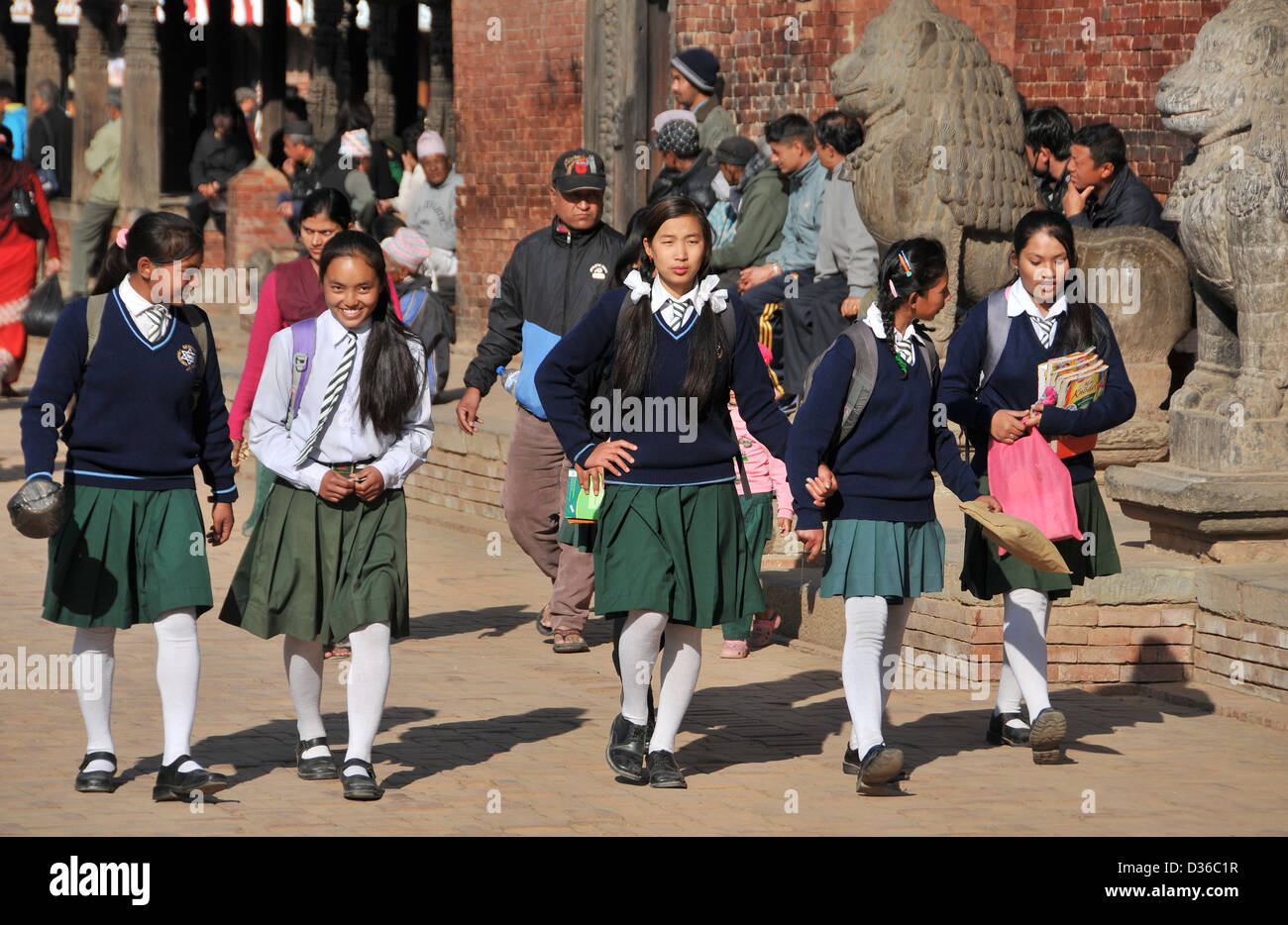 schoolgirls Durbar square Patan Nepal Stock Photo