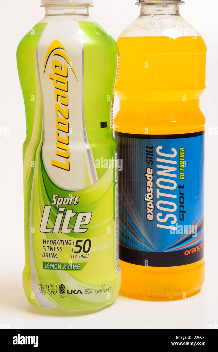 Energy Sport Drinks.Lucozade,and Explosade Still Isotonic . Stock Photo