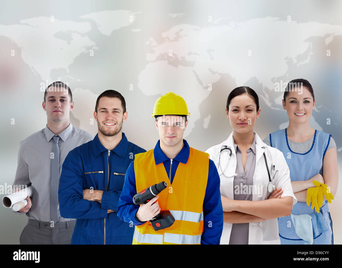 Five workers of different industries Stock Photo