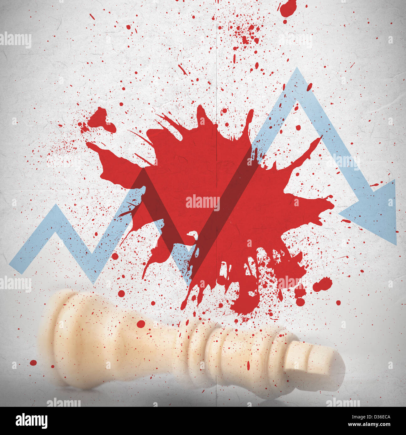 Blood spatter with loss arrow and fallen chess piece Stock Photo