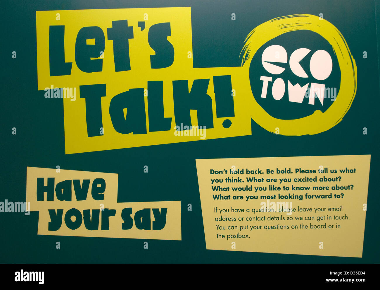 Sign/logo & information for proposed new eco town, Eco Station, Bordon, Hampshire, UK. Stock Photo