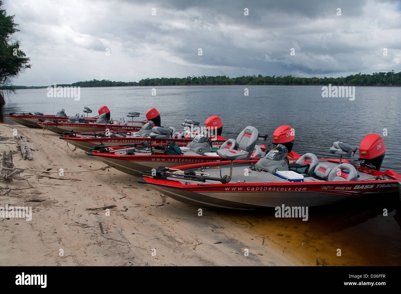 Modern bass boats are used by some Amazon River fishing outfitters that  travel in Brazil's Amazon River Basin Stock Photo - Alamy