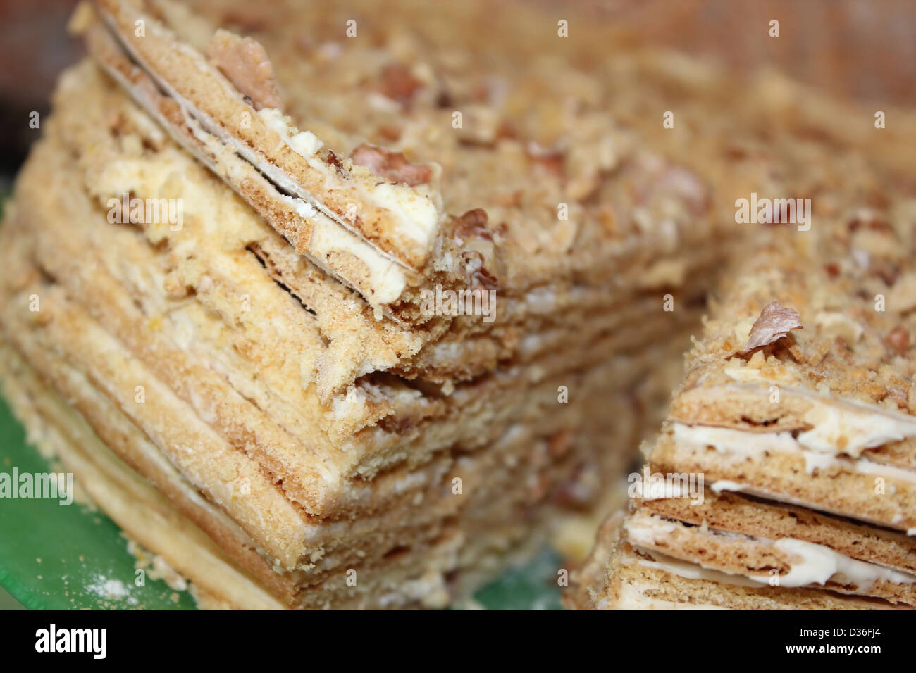 Close view of two pieces of honey cake on a plate: nine layers covered with delicious sour cream and walnuts. Stock Photo