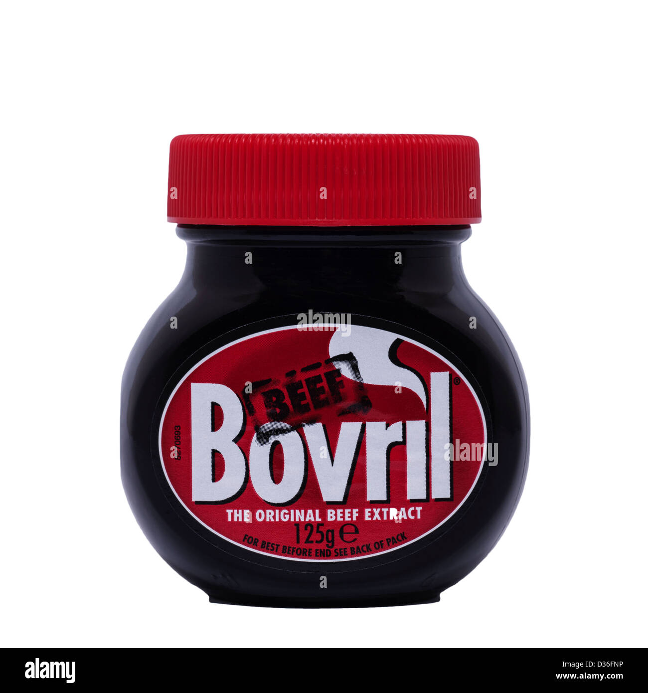 A jar of Beef Bovril original beef extract on a white background Stock Photo